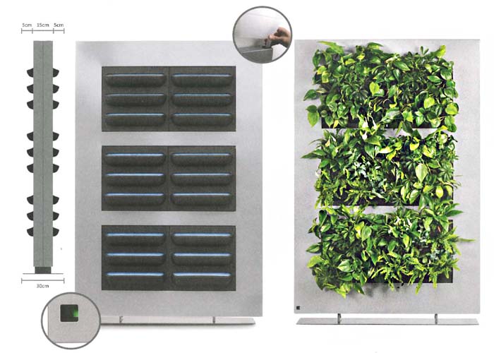 6. The wall system consists of interchangeable plant cassettes with slots that are placed in gutter profiles that serve as a water reservoir.